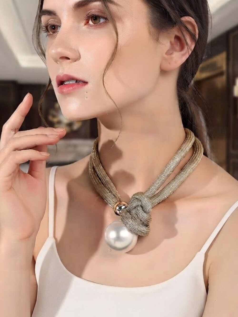 ✨ Gold - Silver Tone Rope Necklace with Pearl Pendant